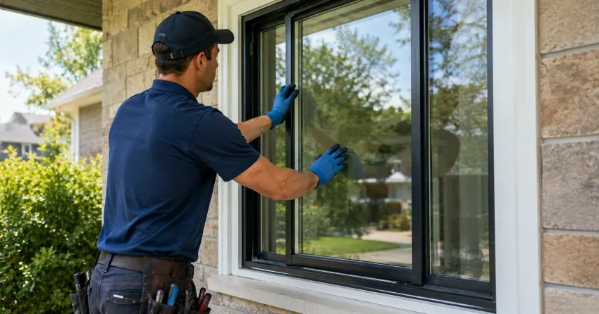 technician measuring a broken window pane for replacement in Thornhill