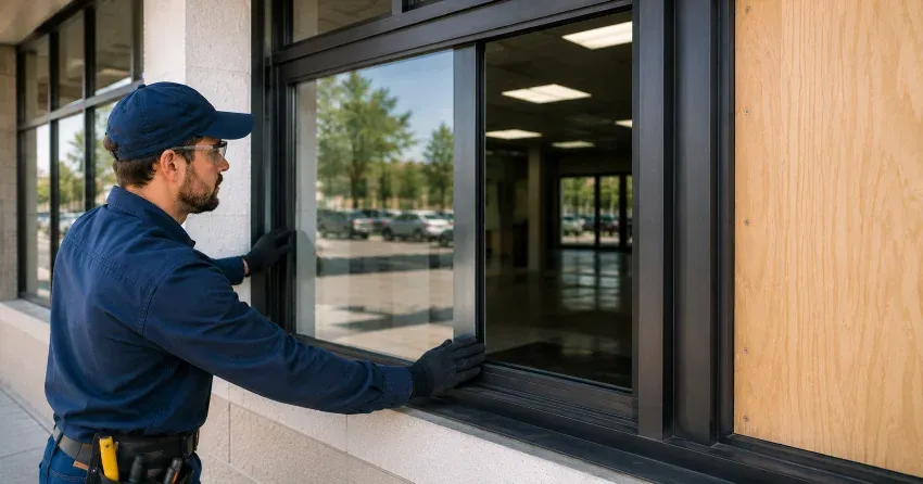 technician boarding a broken window after a break-in in German Mills, Thornhill