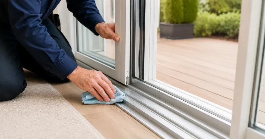 technician inspecting a sliding patio door track in Uplands, Thornhill