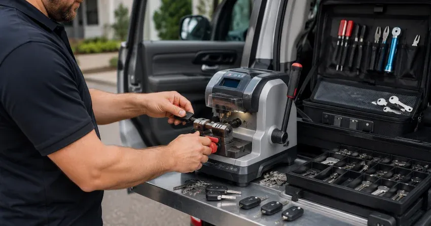 technician cutting a replacement car door lock key in Brownridge, Thornhill