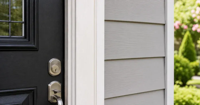 technician inspecting door jamb behind cracked casing in Lakeview Estates, Thornhill home