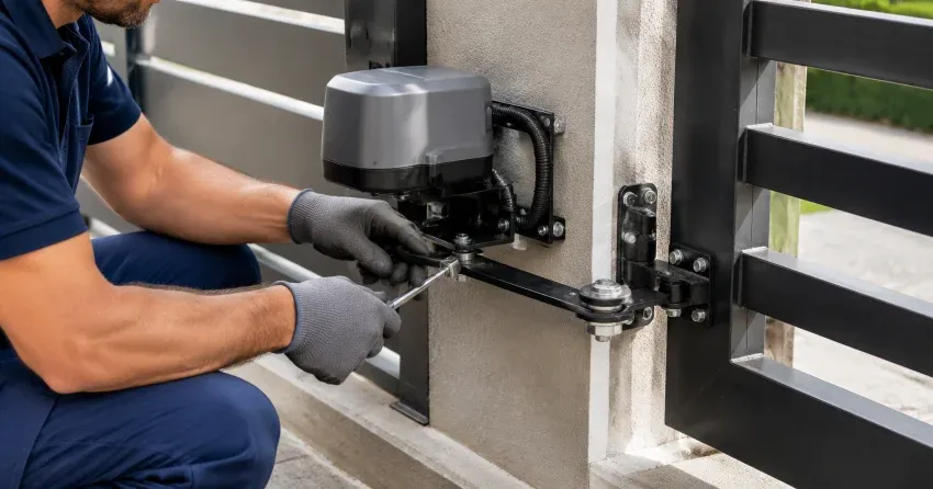 technician diagnosing automatic gate motor and control panel in Bayview Glen, Thornhill