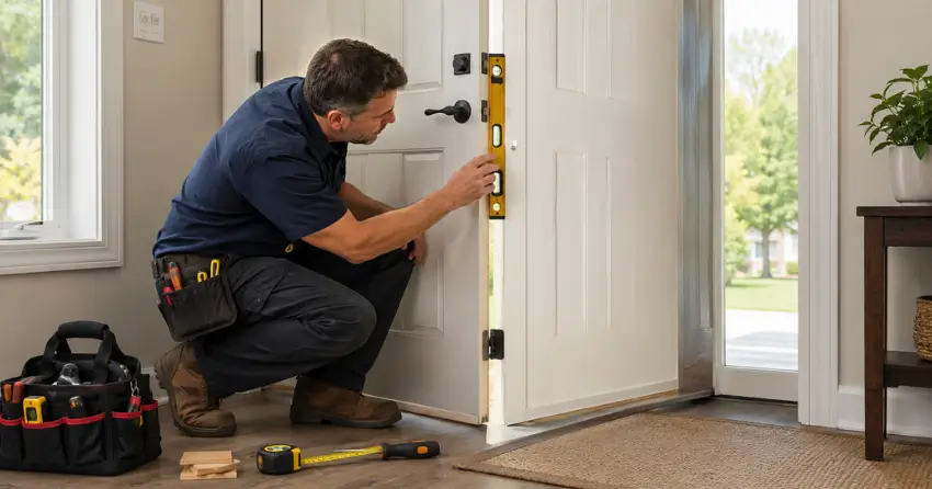 technician diagnosing a misaligned door frame in German Mills, Thornhill