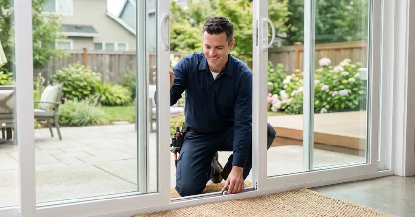 technician diagnosing a sticking patio door in Langstaff, Thornhill