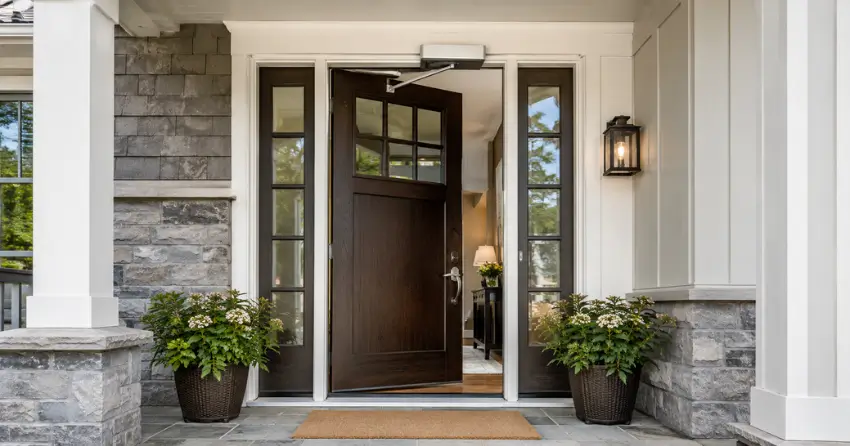 residential automatic door opener installed on exterior entry door in Lakeview Estates, Thornhill