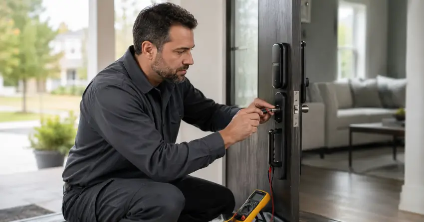 technician diagnosing automatic door lock mechanism on residential door in Lakeview Estates, Thornhill