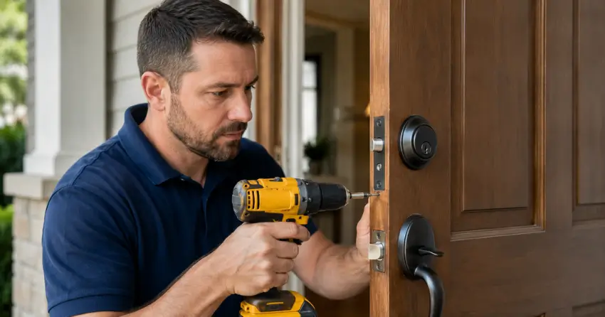 technician installing a new deadbolt during Change Door Lock German Mills, Thornhill service
