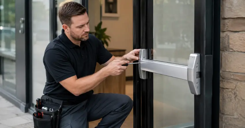 commercial locksmith repairing exit device on storefront door Brownridge, Thornhill