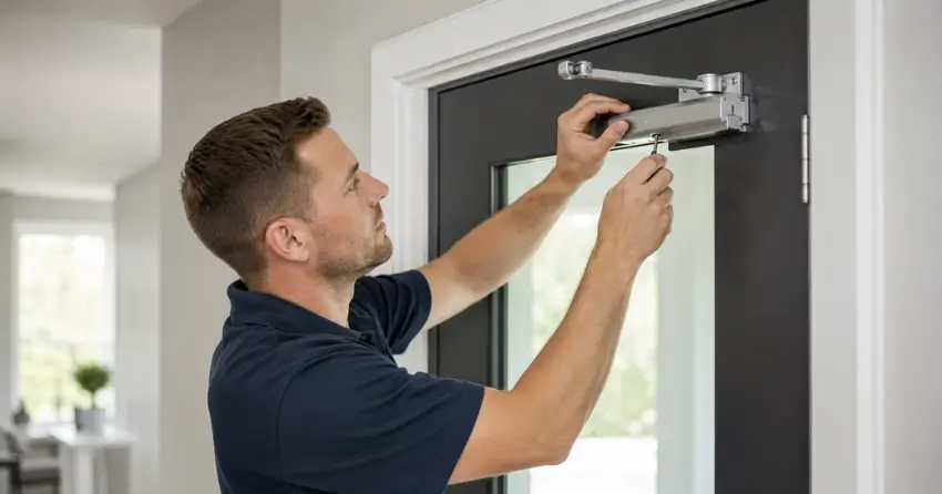 technician adjusting door closer hydraulic valve in Lakeview Estates, Thornhill home