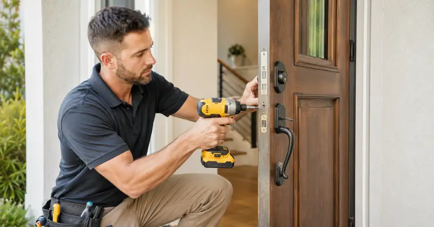 locksmith installing new deadbolt lock on front door in Langstaff, Thornhill