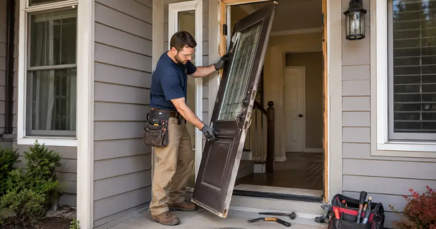 old exterior door being removed for replacement in German Mills, Thornhill