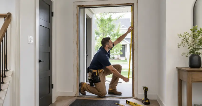 technician measuring a door frame before new door installation in Thornhill