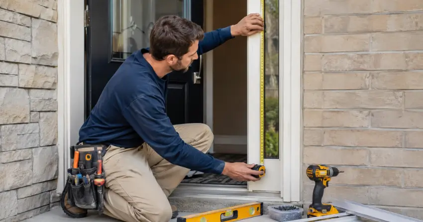 technician measuring door frame before storm door install in Beverley Glen, Thornhill