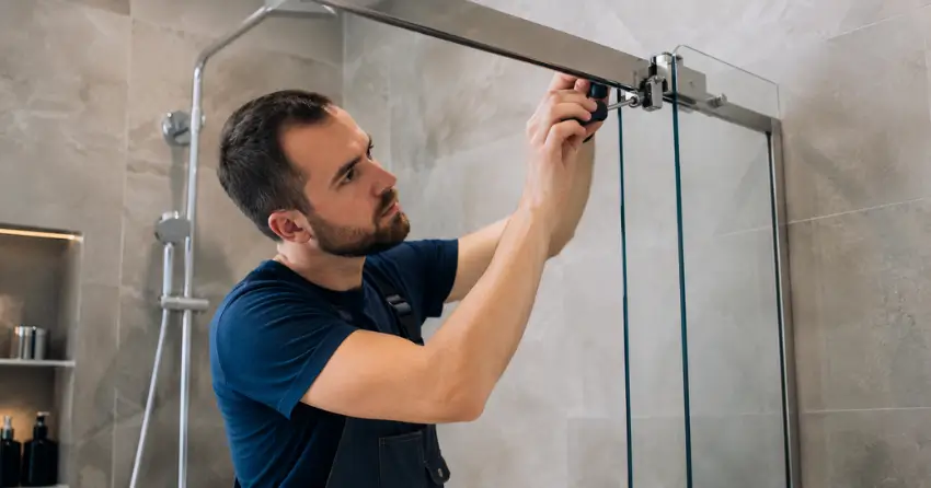 technician adjusting shower door hinge and track in German Mills, Thornhill