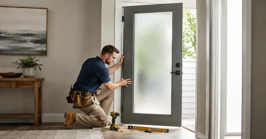 glass panel door installation with frosted privacy glass in residential setting in Langstaff, Thornhill