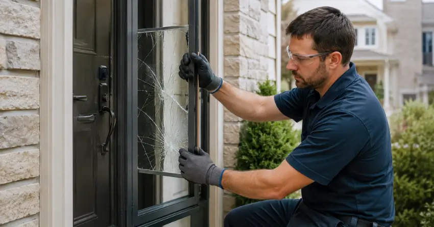 technician removing cracked storm door glass panel in Bayview Glen, Thornhill