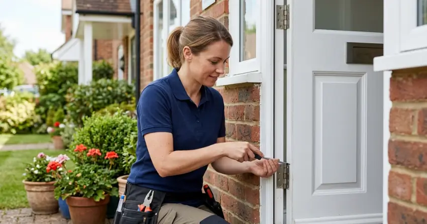 technician repairing exterior door hinge and frame in German Mills, Thornhill