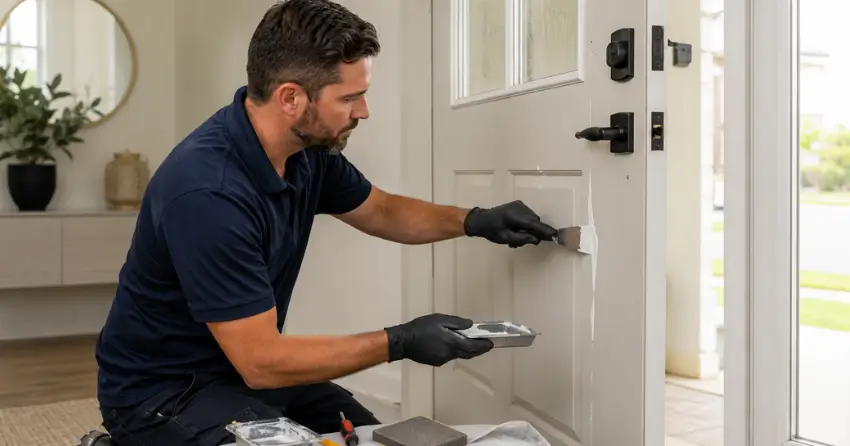 technician repairing fiberglass door surface crack in Thornhill