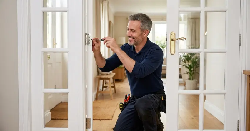 technician adjusting French door hinge for proper alignment in Aileen-Willowbrook, Thornhill