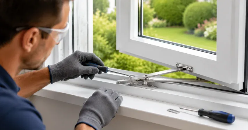 automatic door technician inspecting sensor and control panel in Lakeview Estates, Thornhill