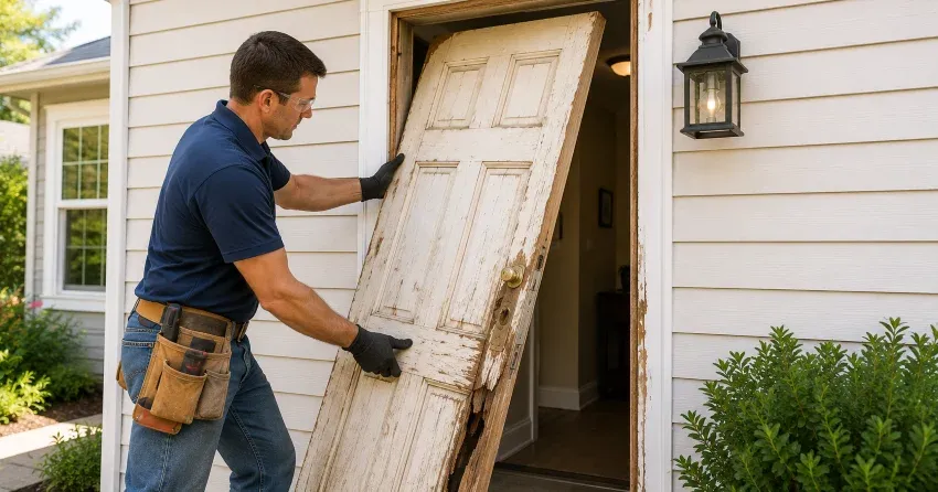 warped exterior door frame showing weather damage in Lakeview Estates, Thornhill